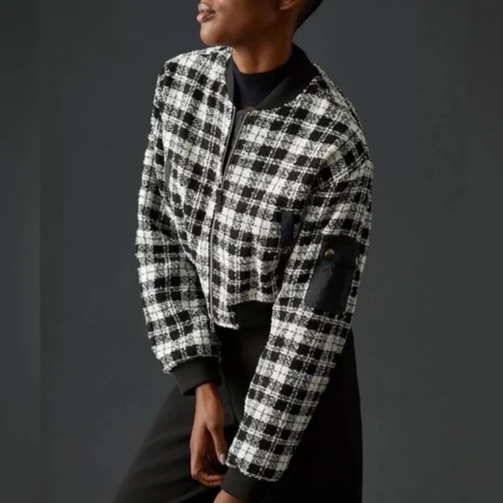 ANTHROPOLOGIE Maeve Plaid Tweed Bomber Jacket Coat Small Brand New! Crop Lined!